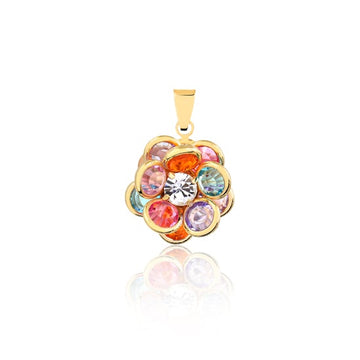 18K Gold Layered Oro Laminado Clear CZ Center with Colored Rhinestone Flower Design Pendant 31.0100/17